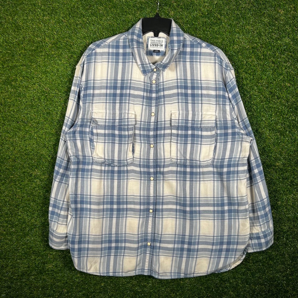 American Eagle Seriously Lived-In Flannel Shirt Blue Plaid Waffle Lined Mens L
